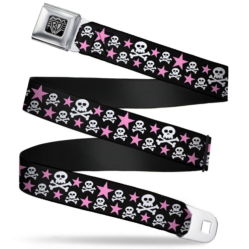 3038 Seatbelt Belt - Skulls & Stars Black/White/Pink - 1.5" Wide - 32-52